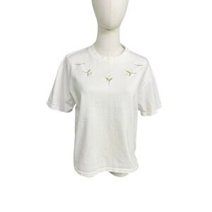 Brandy Melville Daisy Embroidered Tee White Cotton Boxy Floral Top OS